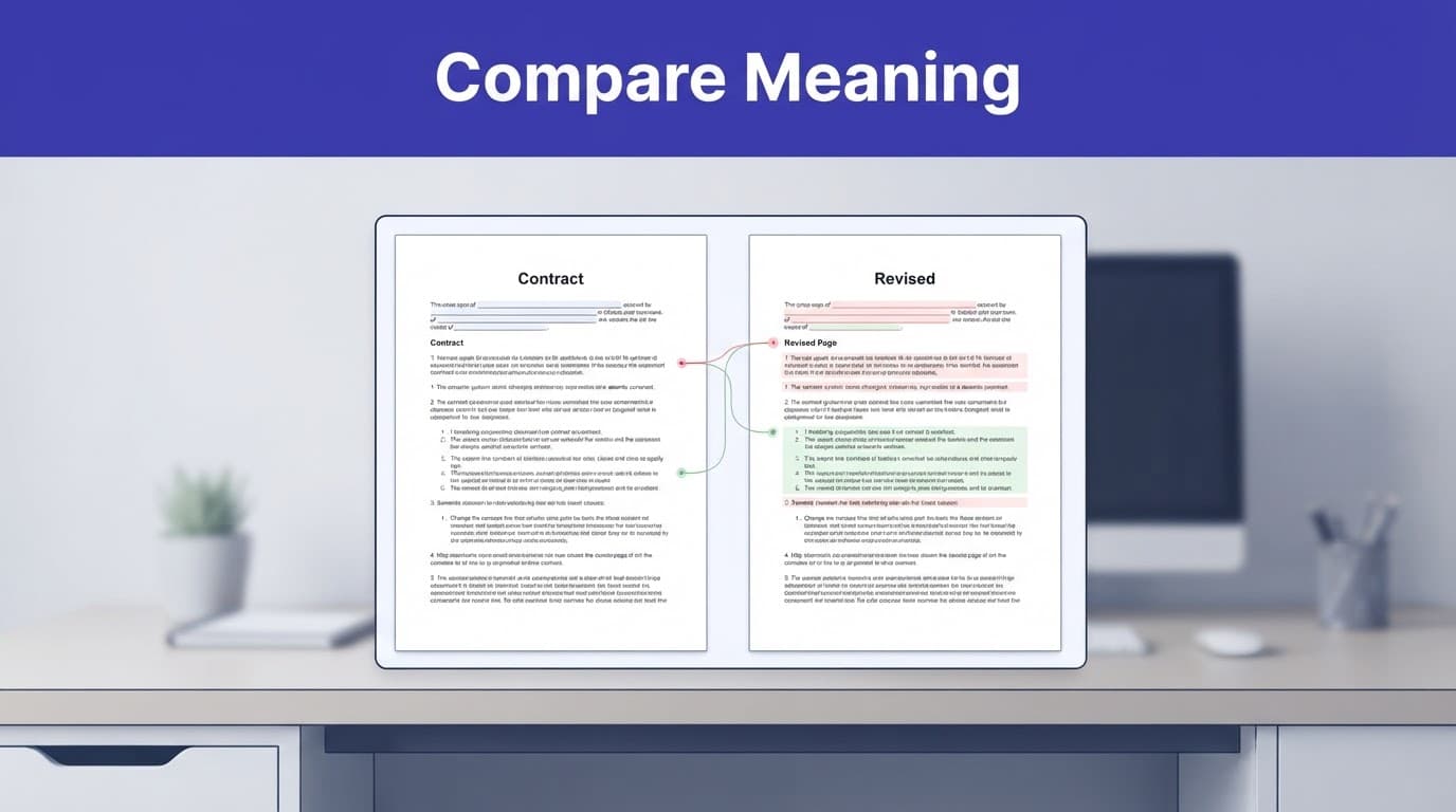 Two contract pages show matching clauses with red and green highlights.