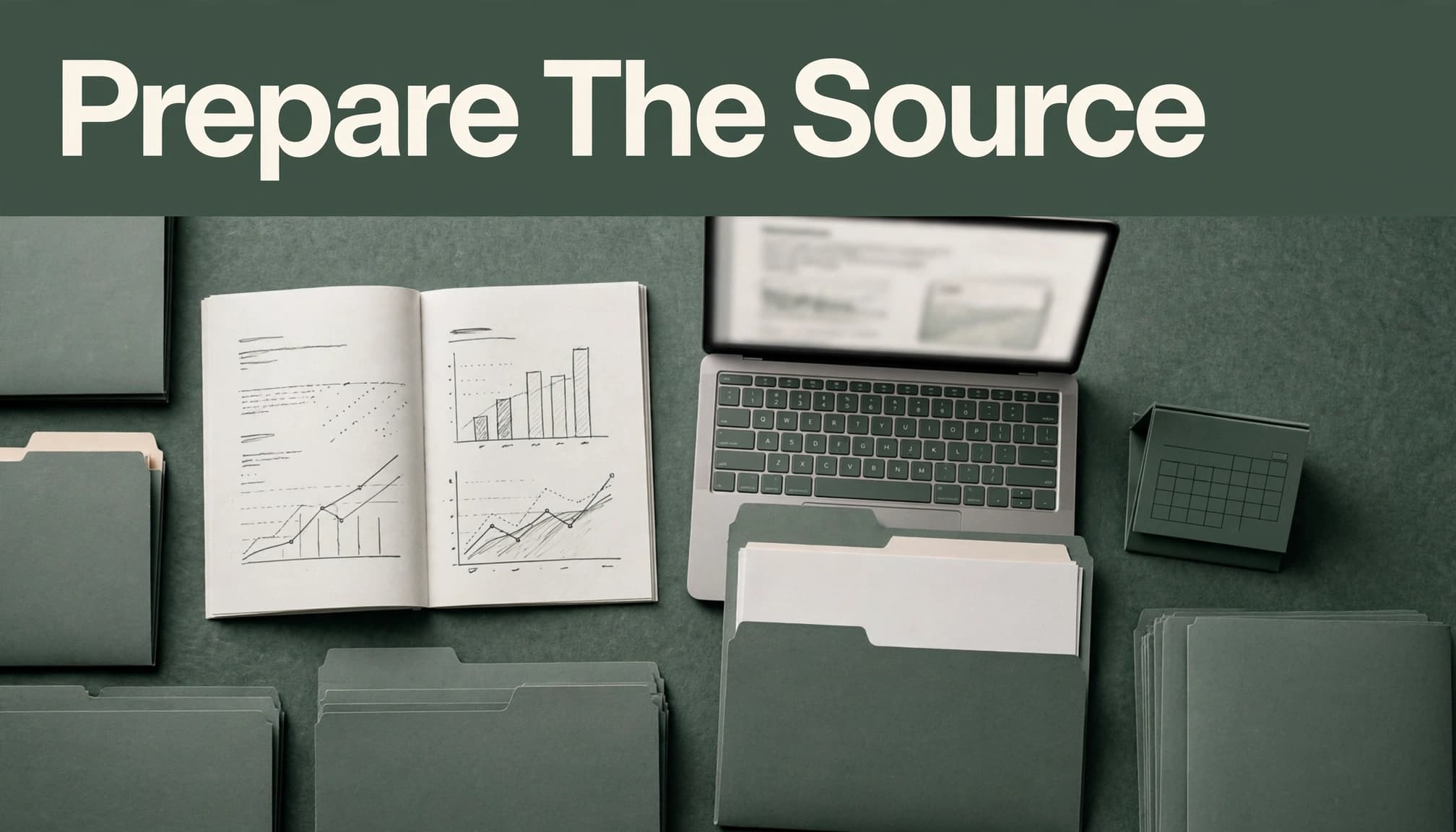 An open report, laptop, blank file sheets, folders, and calendar on an archive table.