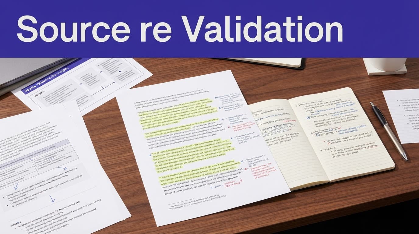 An indigo header reading source validation above a desk with highlighted research notes.