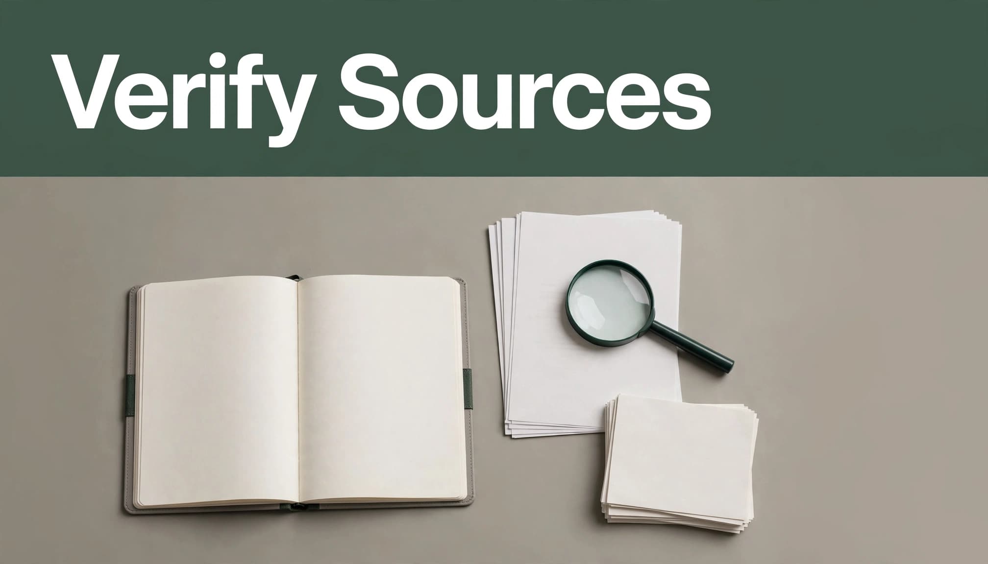 Open notebook, bibliography pages, and a magnifying glass arranged on a clean desk.