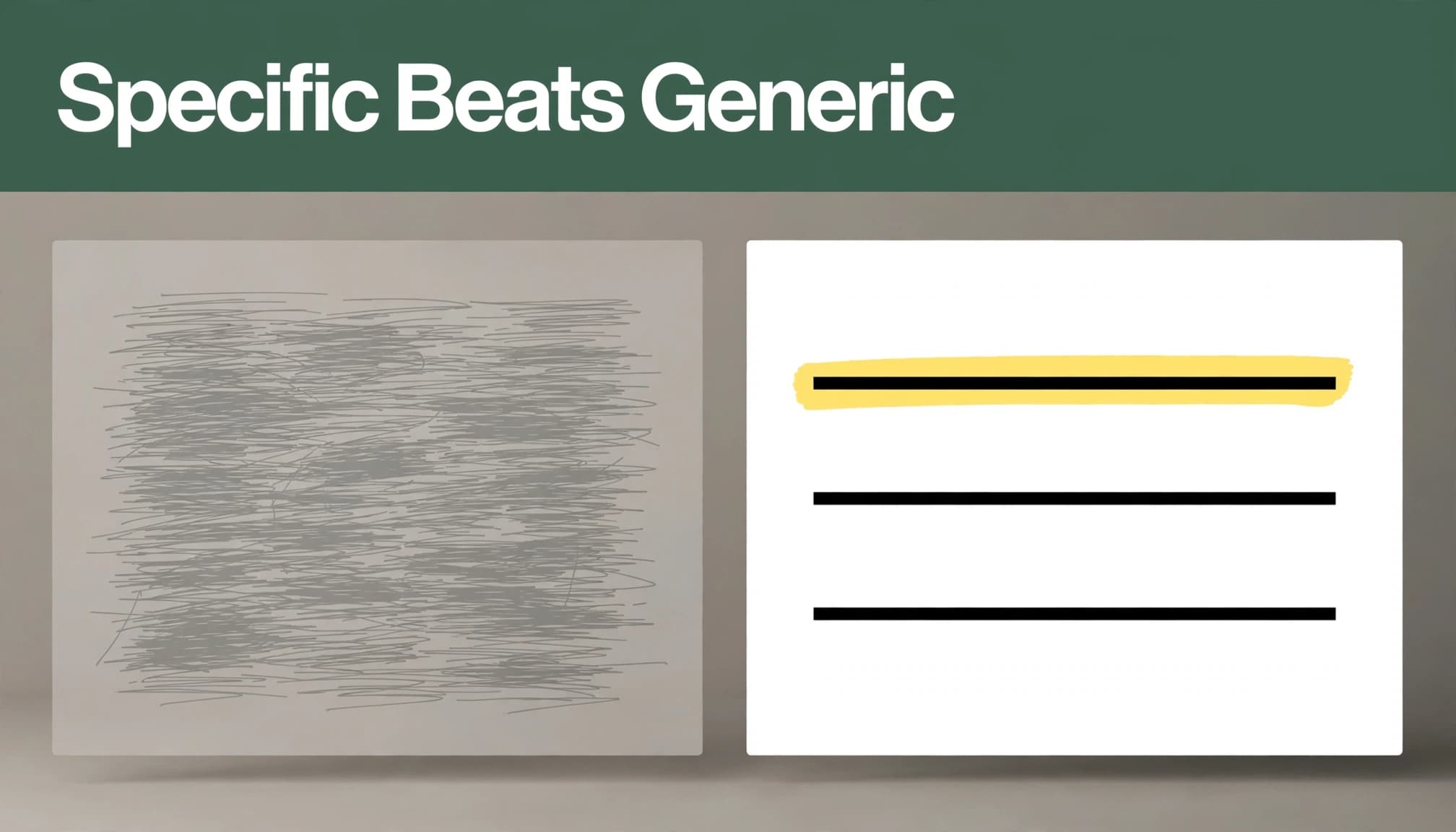 Two cards compare vague gray copy with cleaner black lines and a highlighted opening sentence.