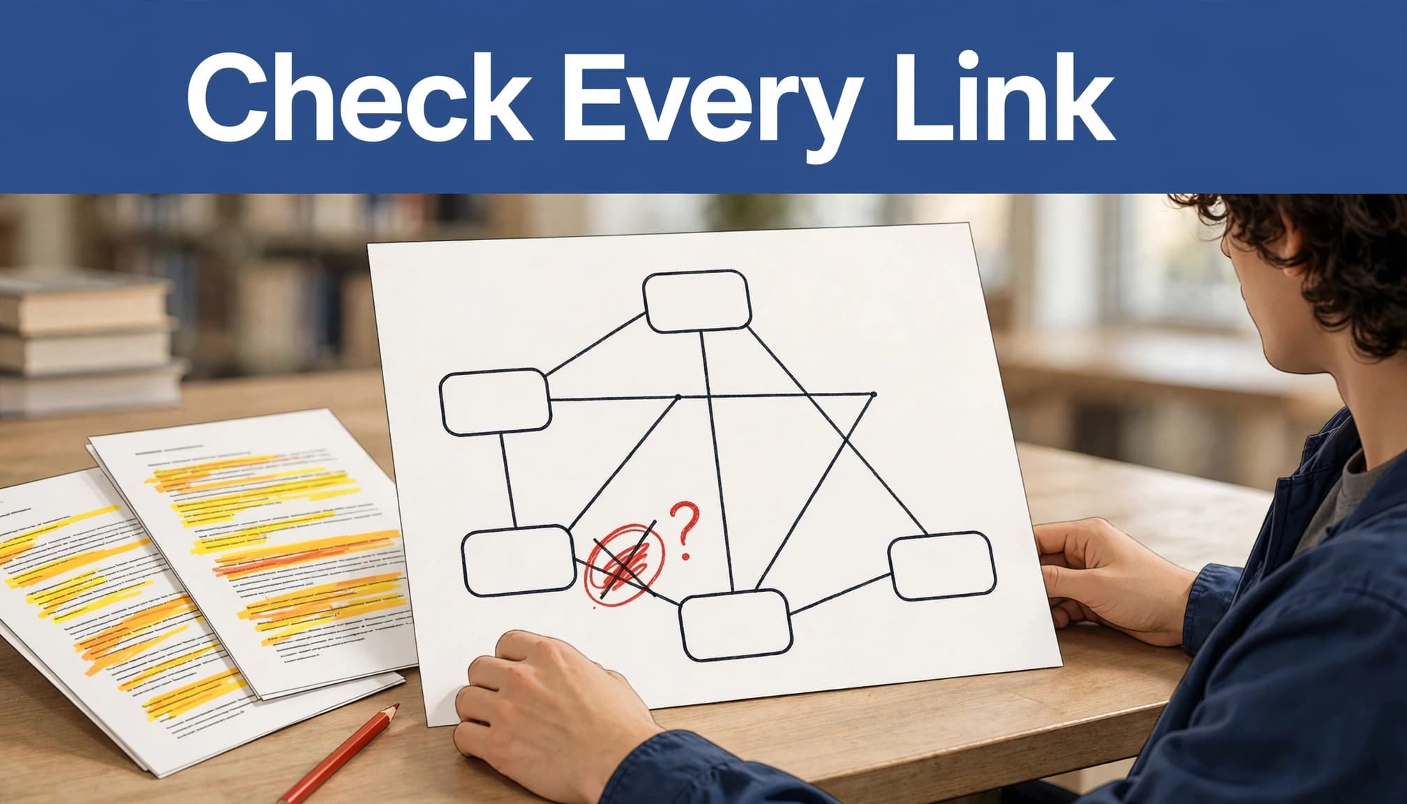 A student checks a concept map against highlighted pages, with a pencil beside the papers.