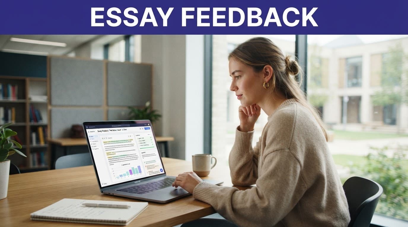 A student reviews essay feedback on a laptop in a bright study room.