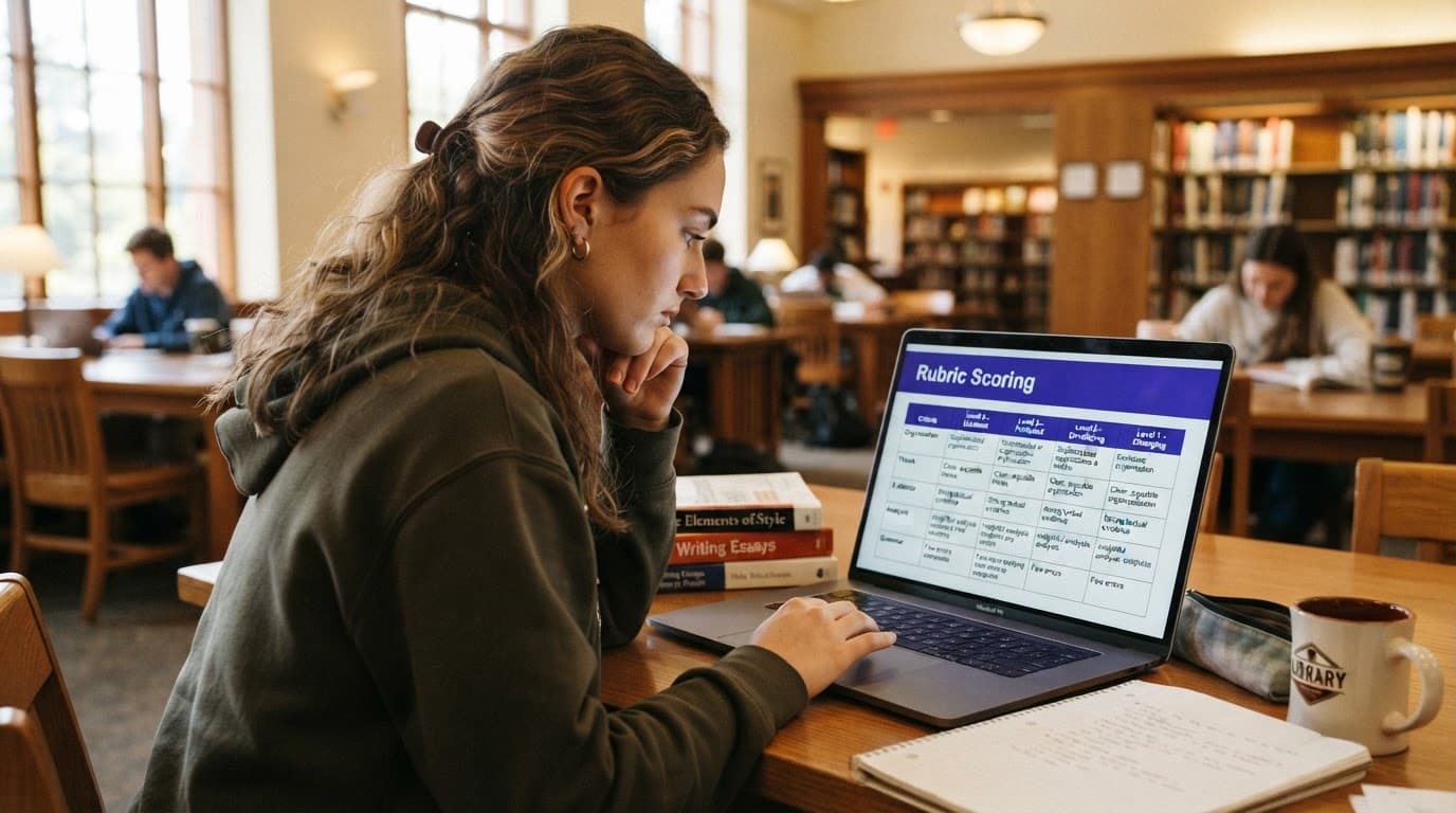 Student reviewing a writing rubric on a computer in a sunlit library.