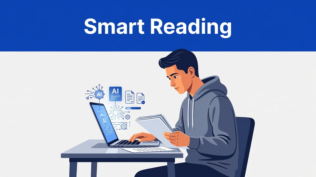 An illustrated student reads documents on a laptop beneath a vibrant indigo design band.
