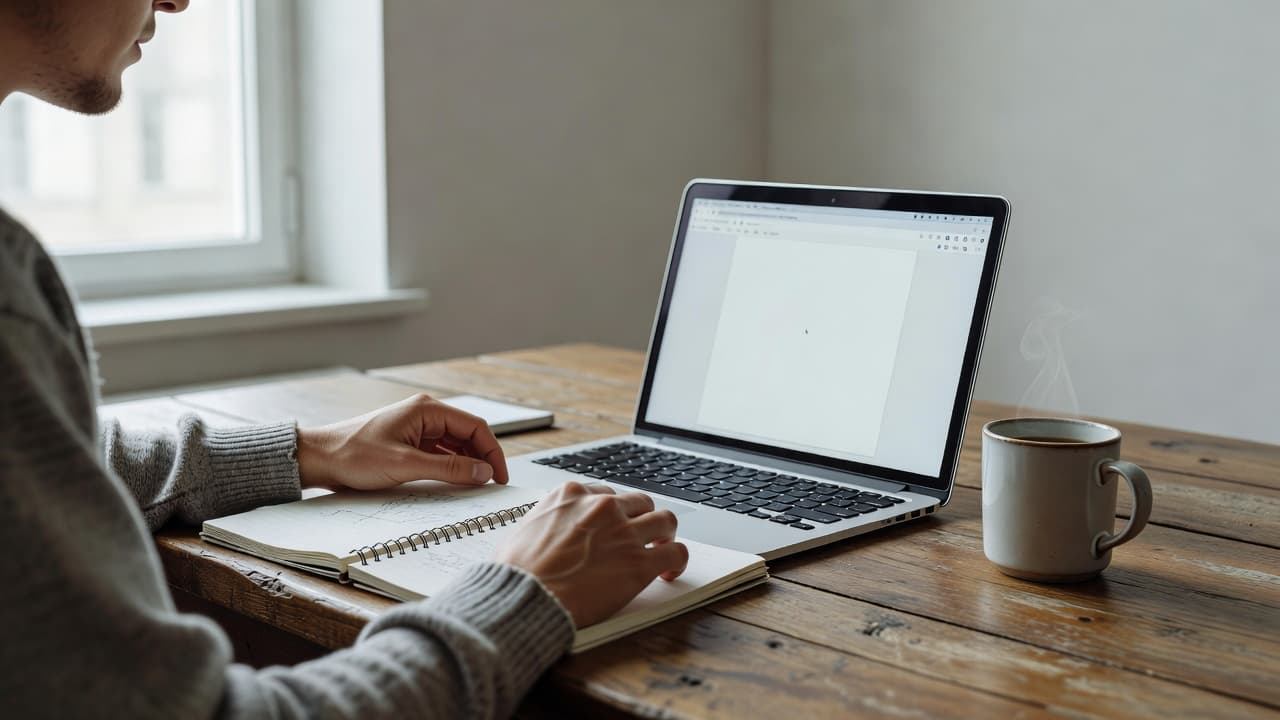 A focused student sits at a wooden desk with an open notebook and a cup of coffee nearby. Soft natural light illuminates their hands resting beside a laptop keyboard.