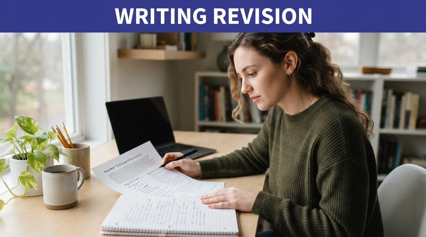 A student reviews writing feedback beside an open notebook under soft light.