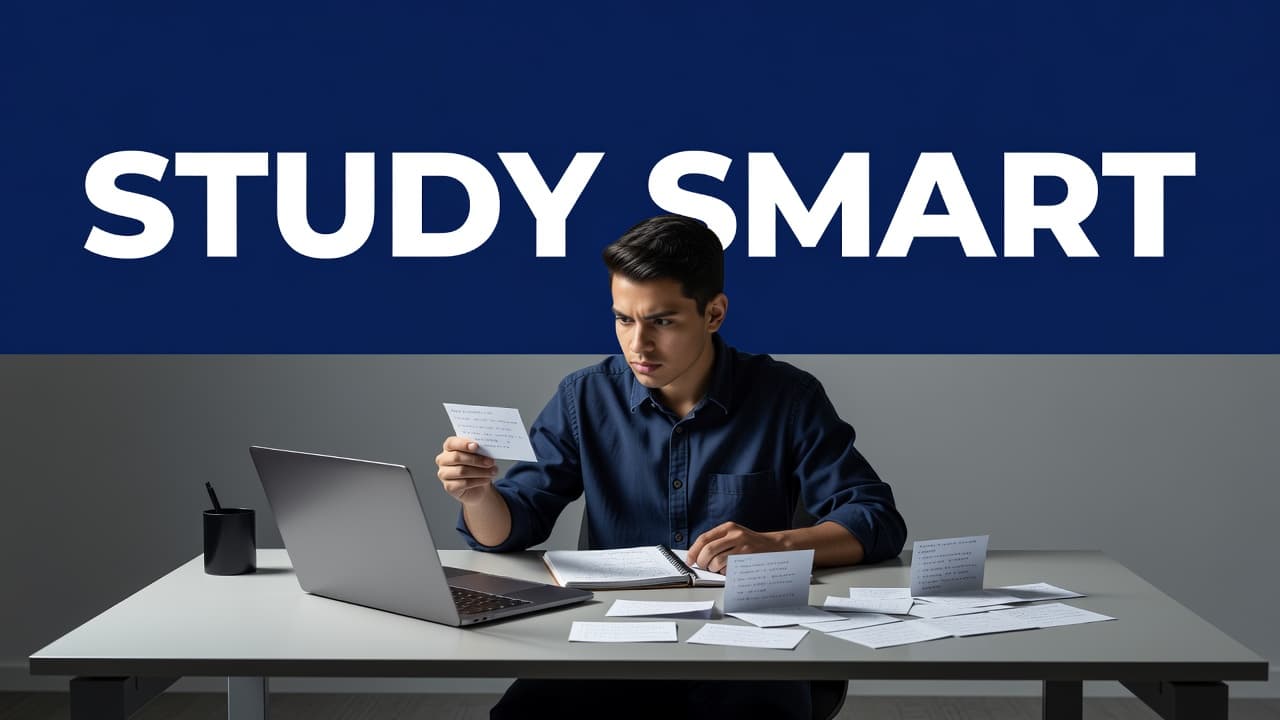 An indigo banner with uppercase text above a neat study desk featuring a laptop and notes.