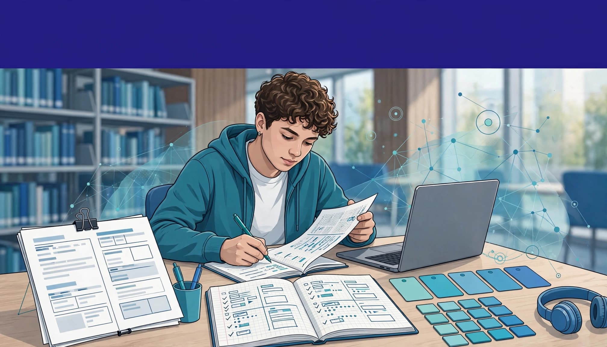 A student organizes syllabus pages and study materials at a library desk.
