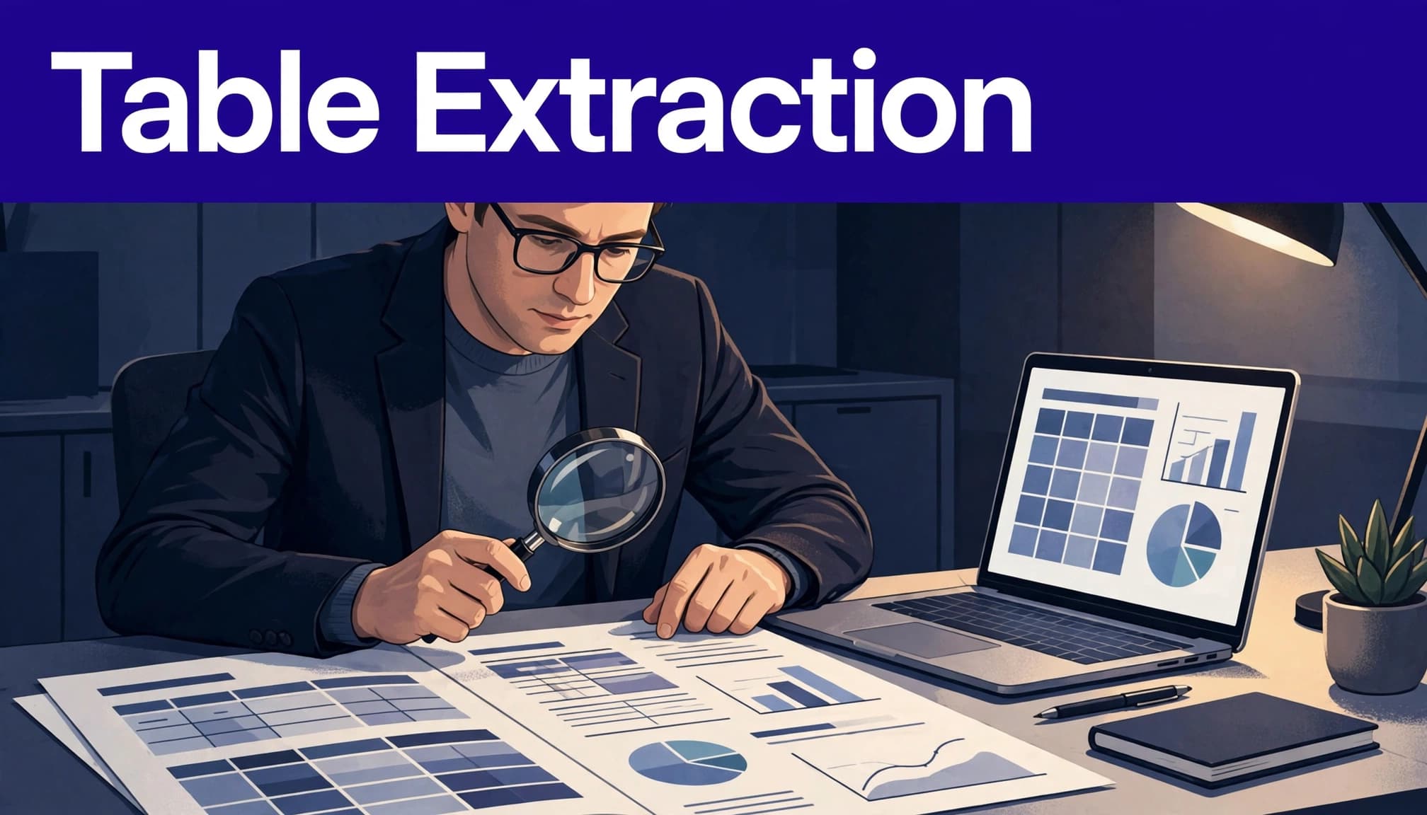 An analyst checks a report beside a laptop and magnifying glass at a modern desk.