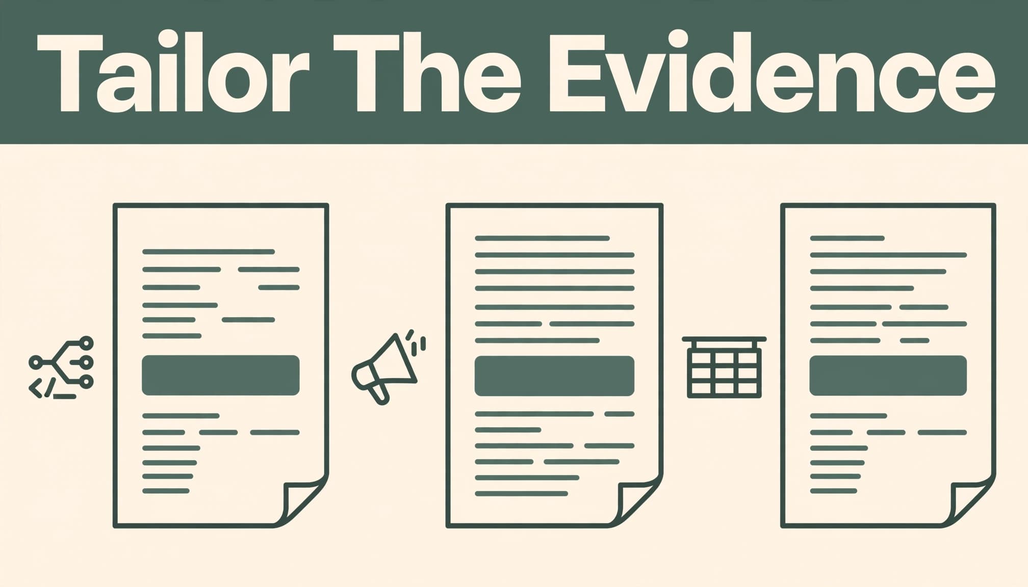 Three resumes show different highlighted evidence for engineering, marketing, and project management roles.