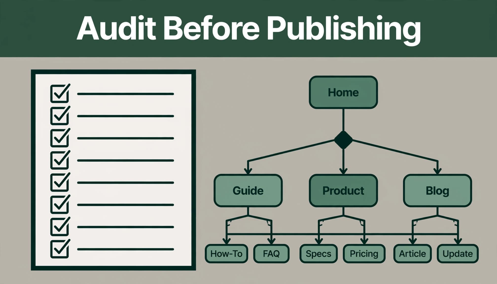 A checklist and website structure diagram show headings, links, and entity nodes.