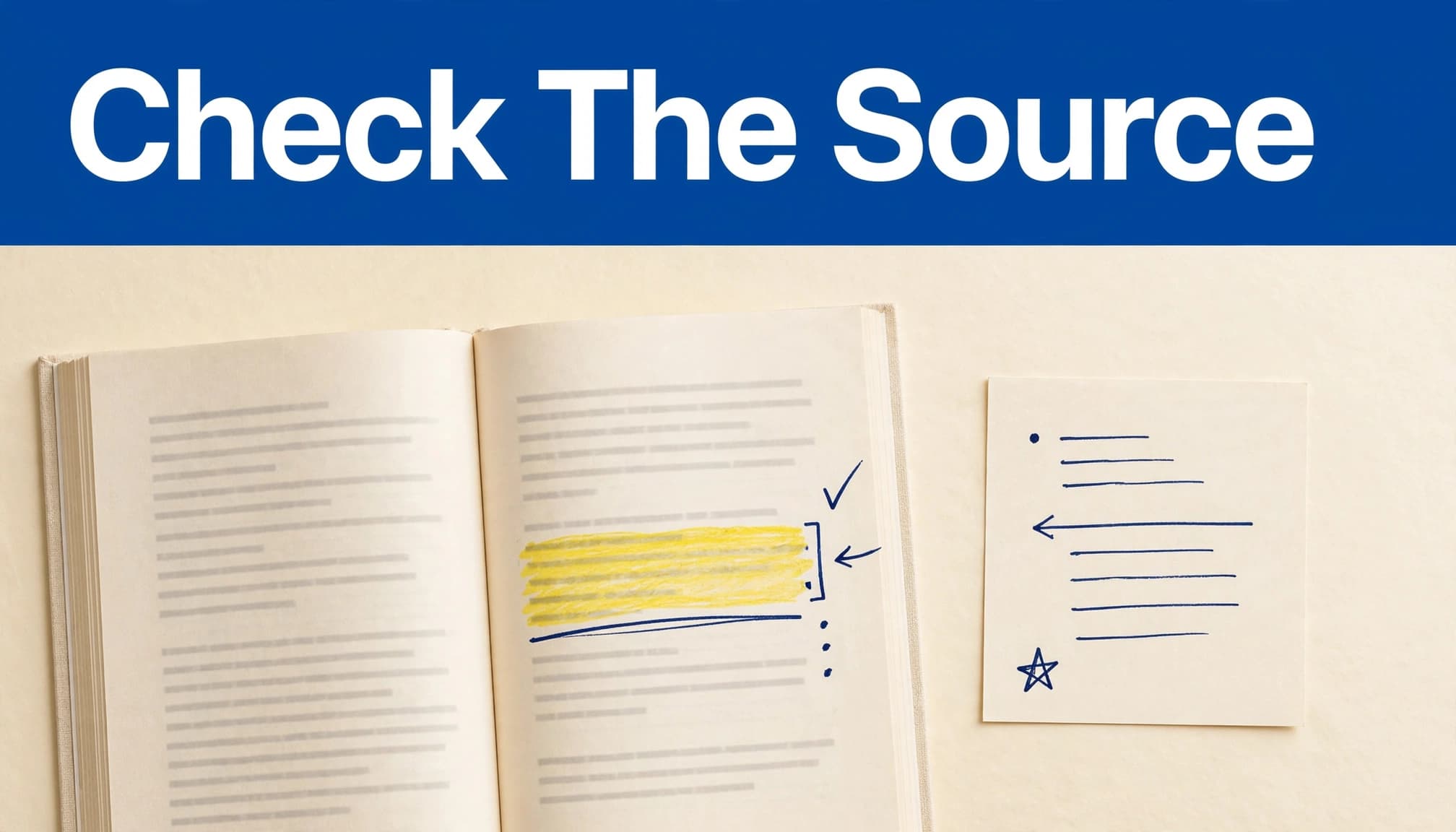 An annotated textbook and note card sit beneath a banner reading "Check The Source."