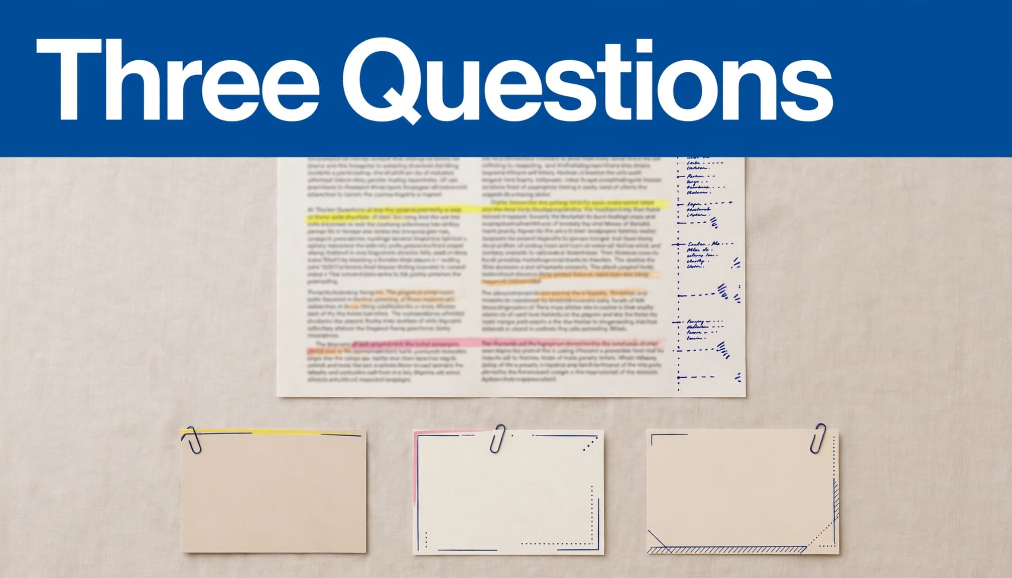 Highlighted research article with notes and three annotation cards on a library table.