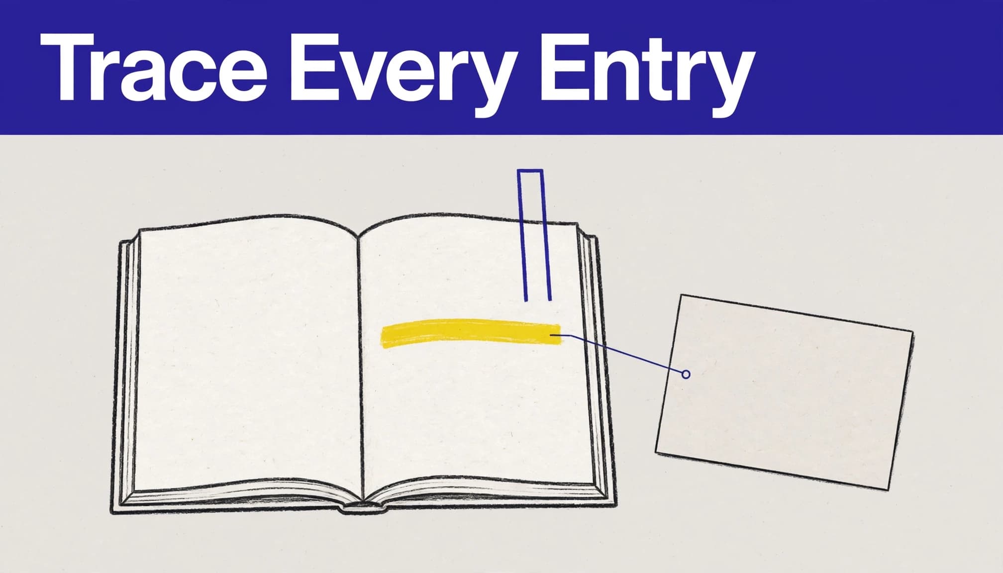 An open book with a highlighted passage connects to an index card.