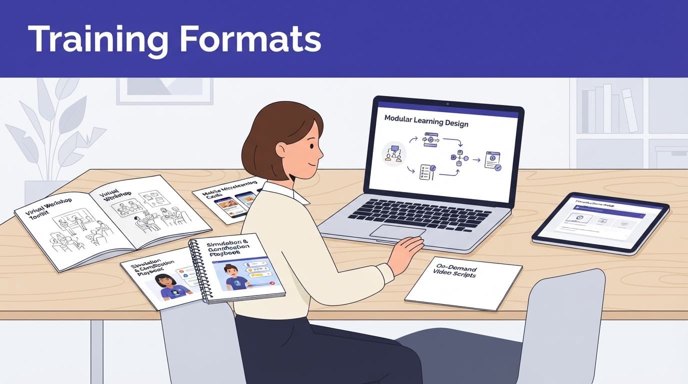 One person reviews training guides and digital screens on a wooden desk beneath an indigo banner.