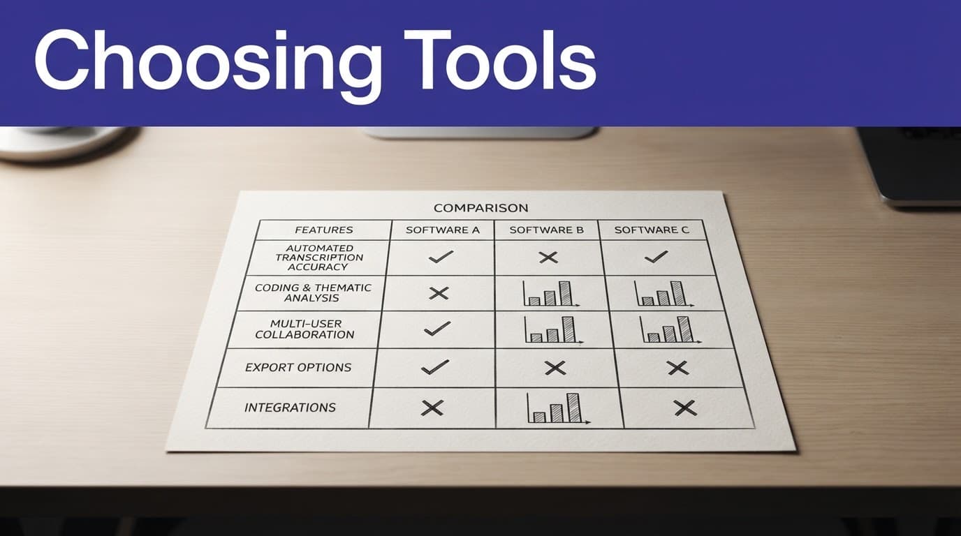 A minimalist desk with a software comparison table sketch beneath an indigo headline banner.