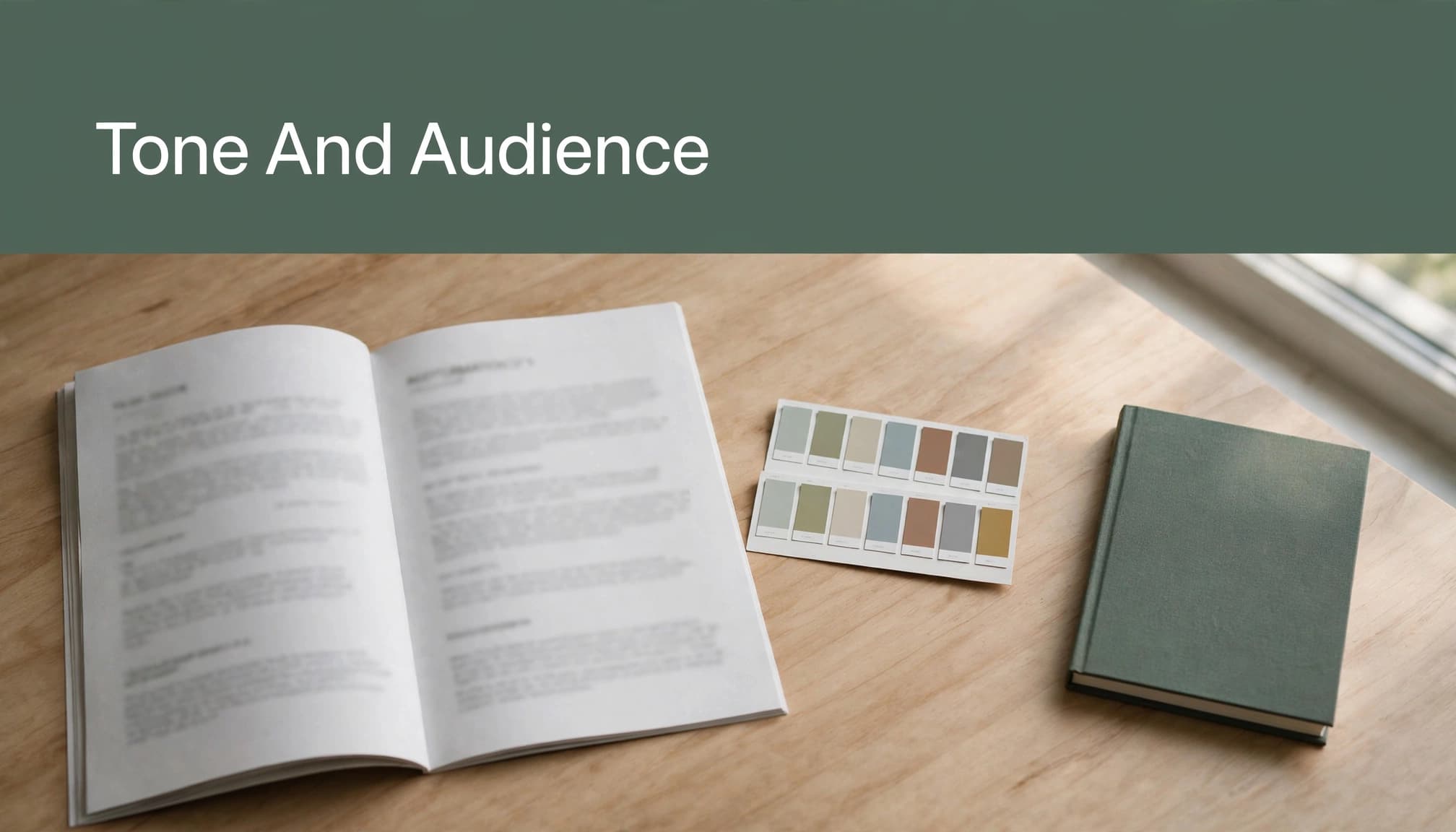 A brochure proof, color swatches, and a small reference book sit beneath a green headline strip.