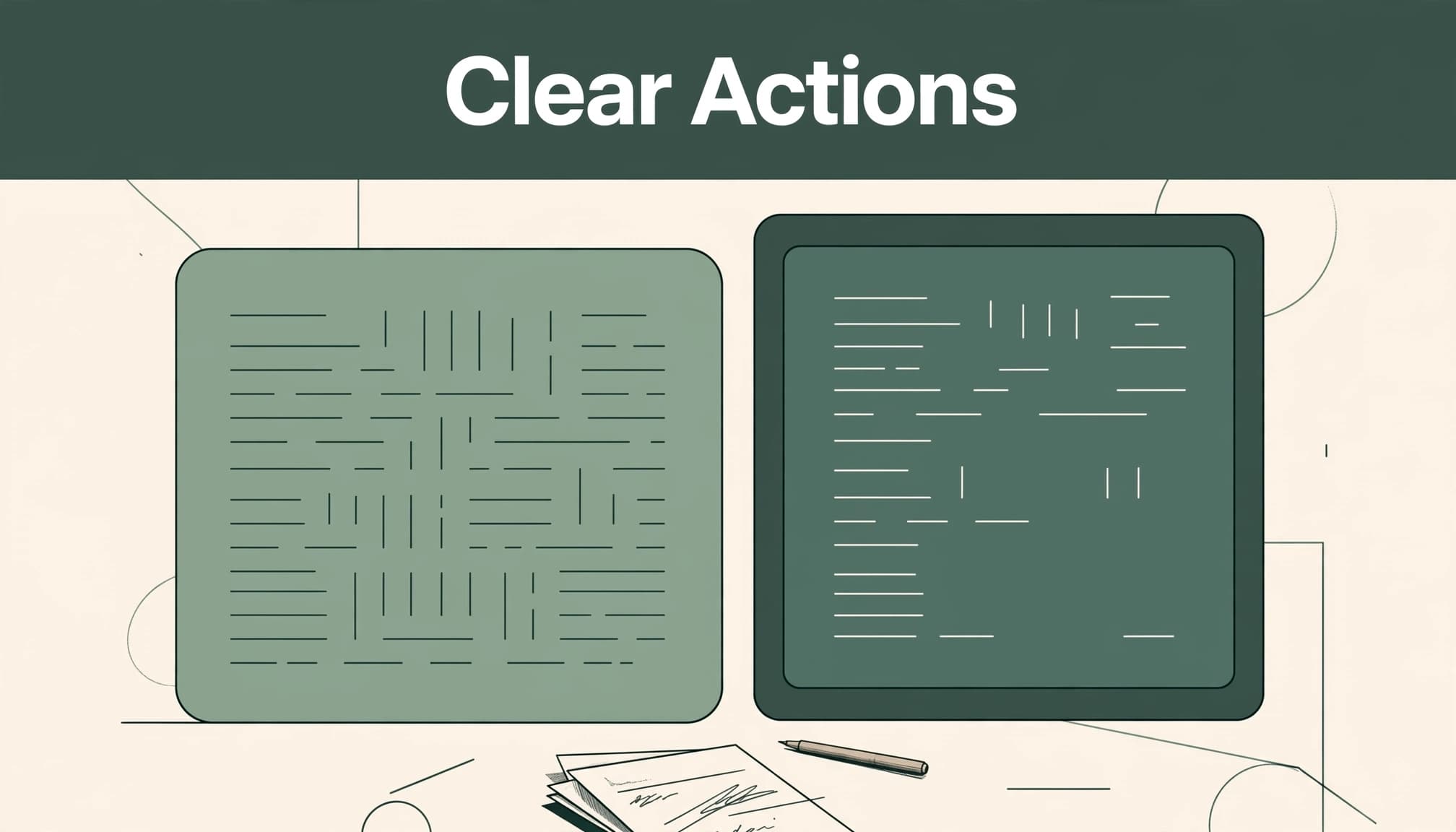 A writer reviews two interface panels with a pen nearby beneath the headline "Clear Actions."