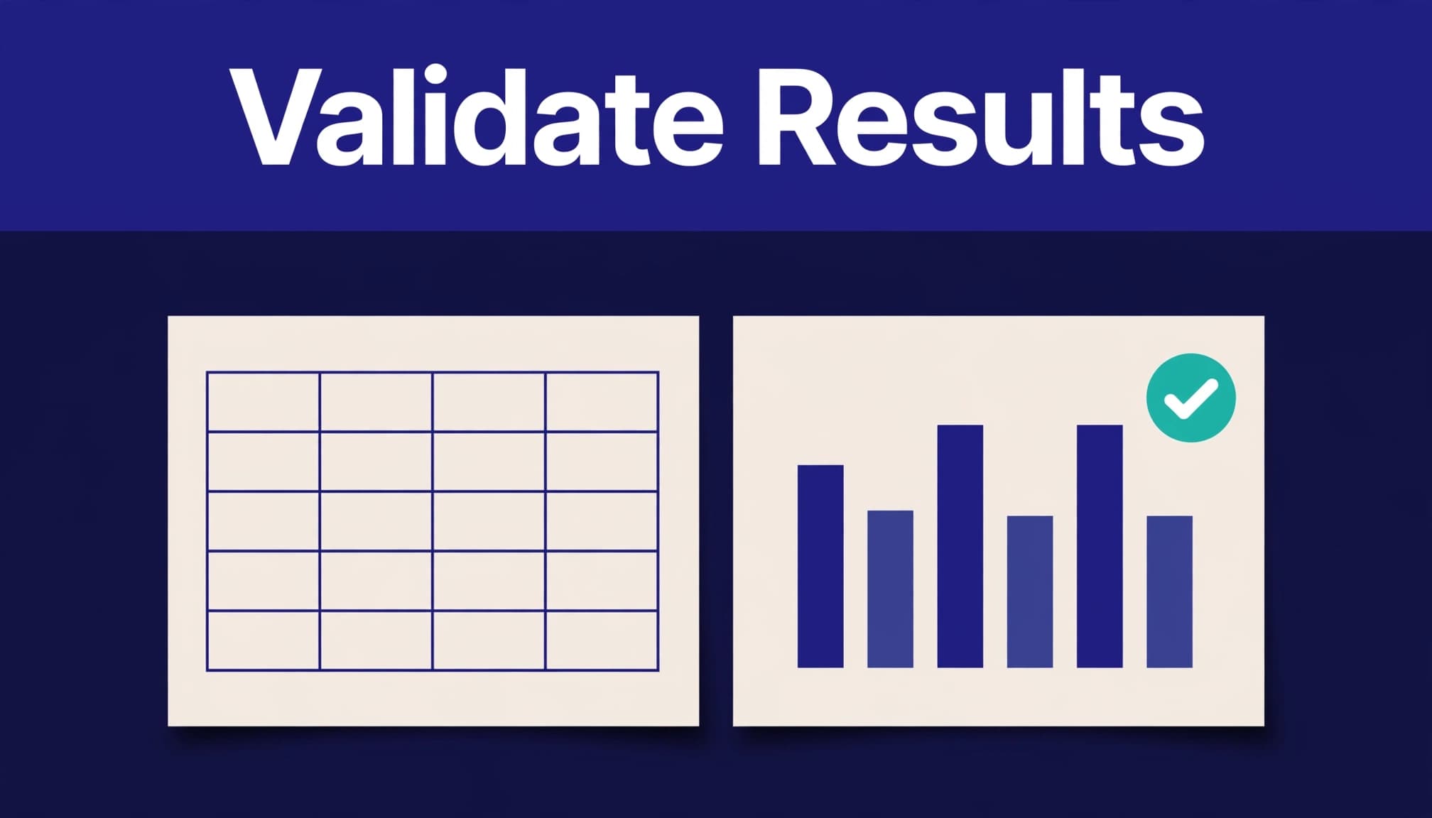 A table and bar chart sheets being checked beneath an indigo header.