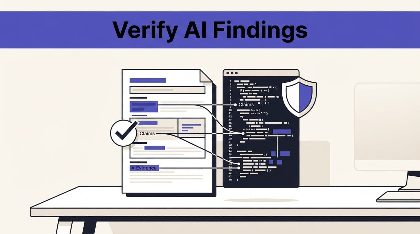 A document, code panels, shield, and check mark linked by evidence lines.