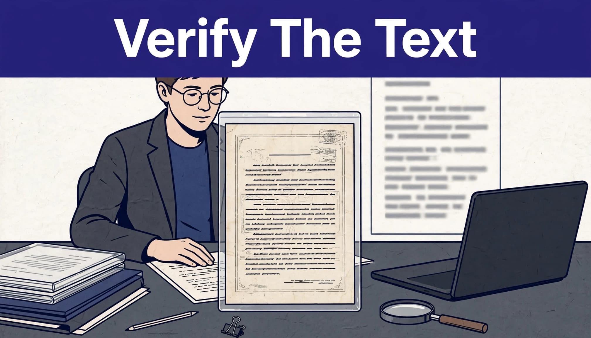 A researcher checks a historical scan against blurred digital text at a desk.