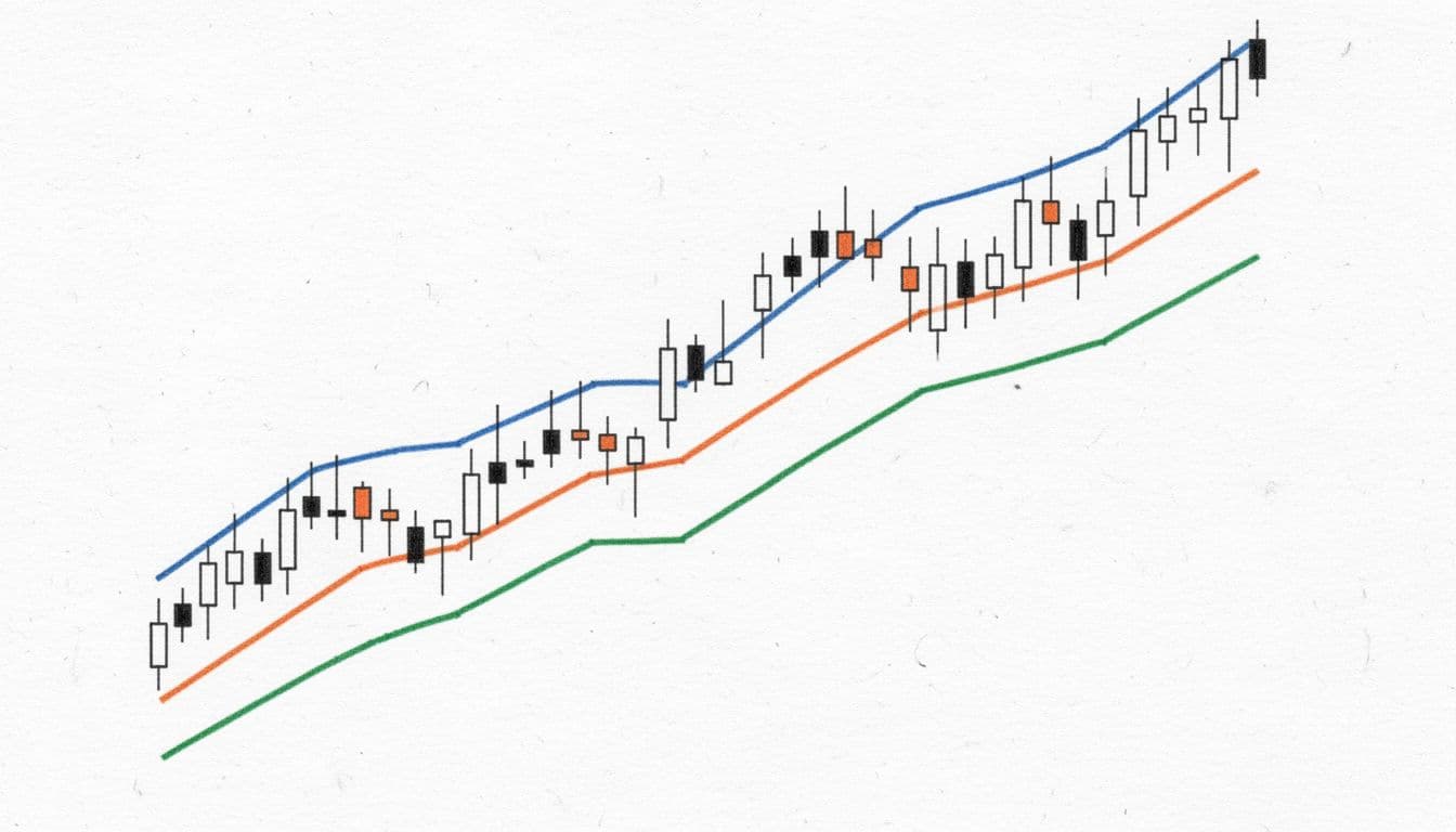 Hand-drawn graphite sketch on white background showing three moving average lines on a price chart in uptrend: 5-day blue, 20-day orange, 120-day green, with price line above all and simple candlesticks.