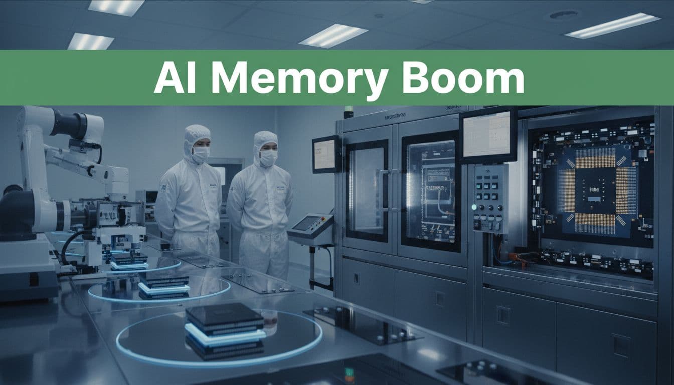 Stacked high-bandwidth memory (HBM) chips on a semiconductor production line in a cleanroom, with two engineers in suits inspecting silicon wafers under blue lights, photorealistic with a bold green headline band.