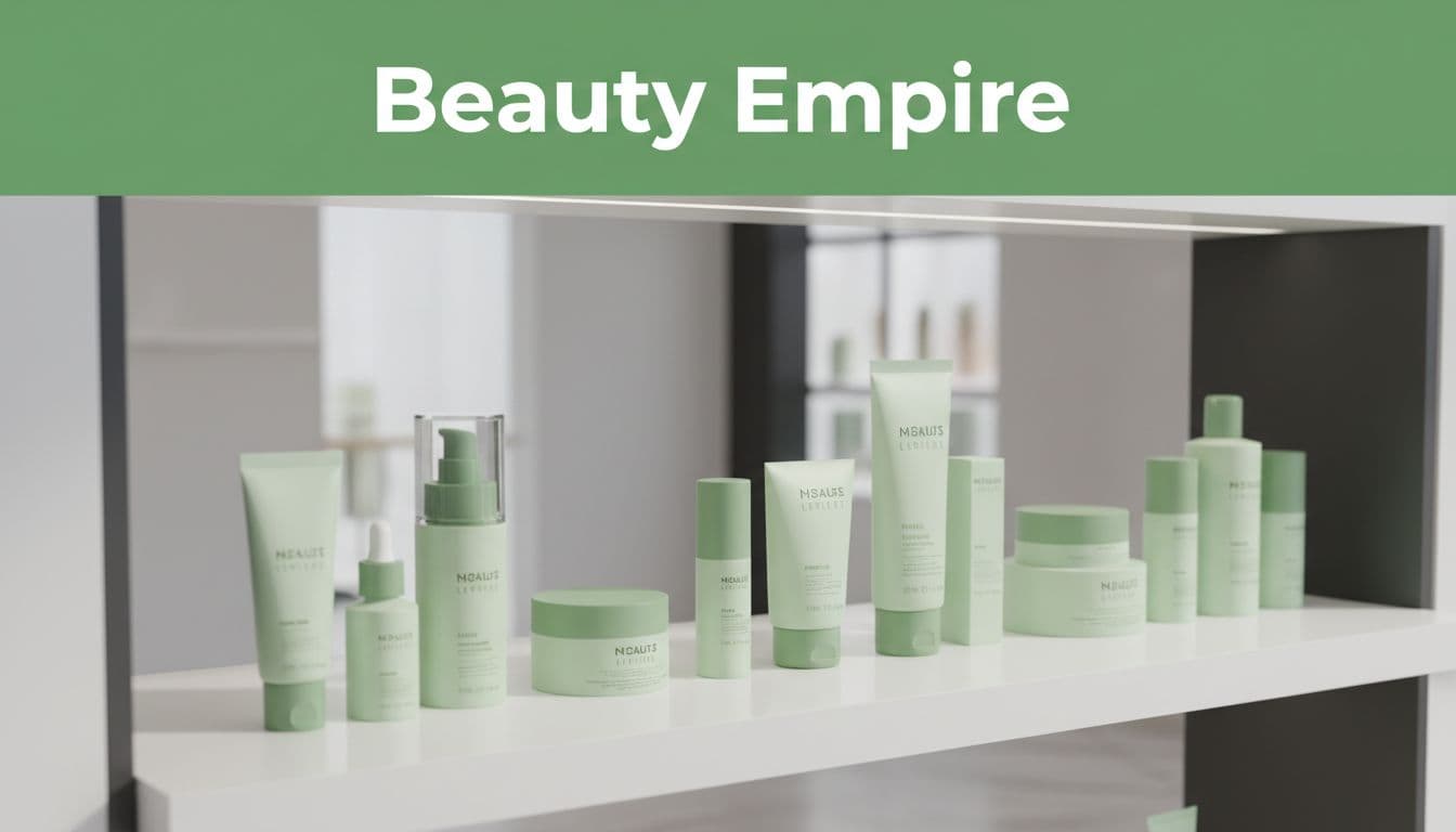 Bold branded editorial image with a top edge-to-edge green band featuring the 'Beauty Empire' headline, showcasing premium skincare products on a clean white luxury store shelf under soft natural lighting, elegant composition with green accents and no people.