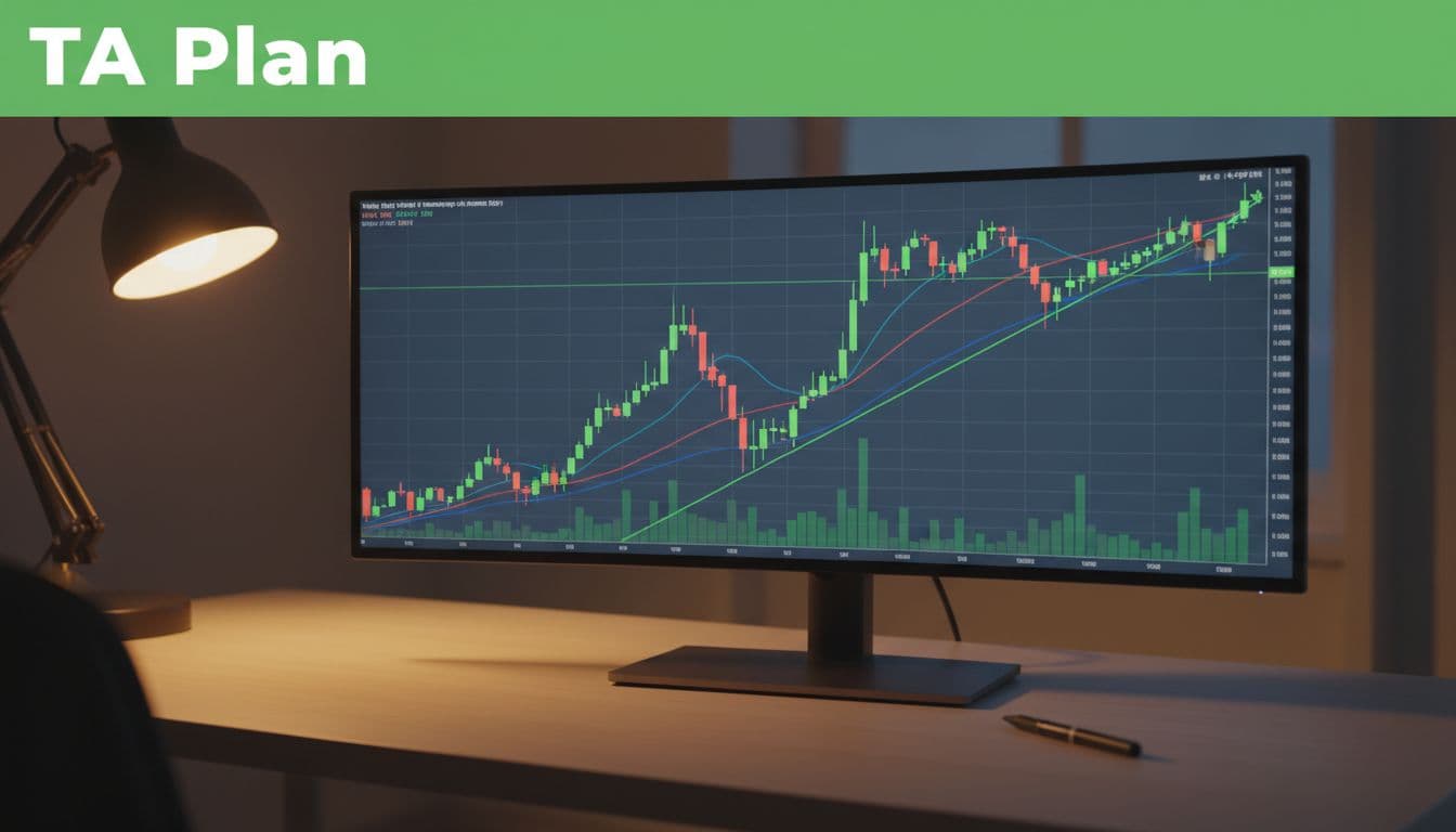 Illustrative image for blog post 'Is the K-pop Era Officially Over, or Are We Watching a Slow Burn?' related to beginner ta plan stock chart moving averages 9932c790 A realistic home office desktop monitor displays a weekly stock chart for a Korean entertainment ticker featuring 50-day and 200-day moving averages, upward green trend lines, volume bars, and marked support-resistance levels, with a branded 'TA Plan' headline.