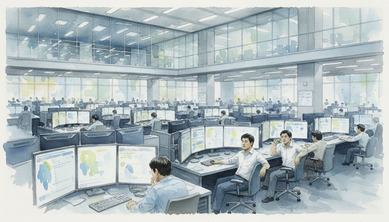 A watercolor-style image of a busy trading floor in a modern Seoul stock exchange building, showing exactly four relaxed traders at desks with multiple blurred monitors under fluorescent lighting, wide interior composition with soft blending and brush textures.