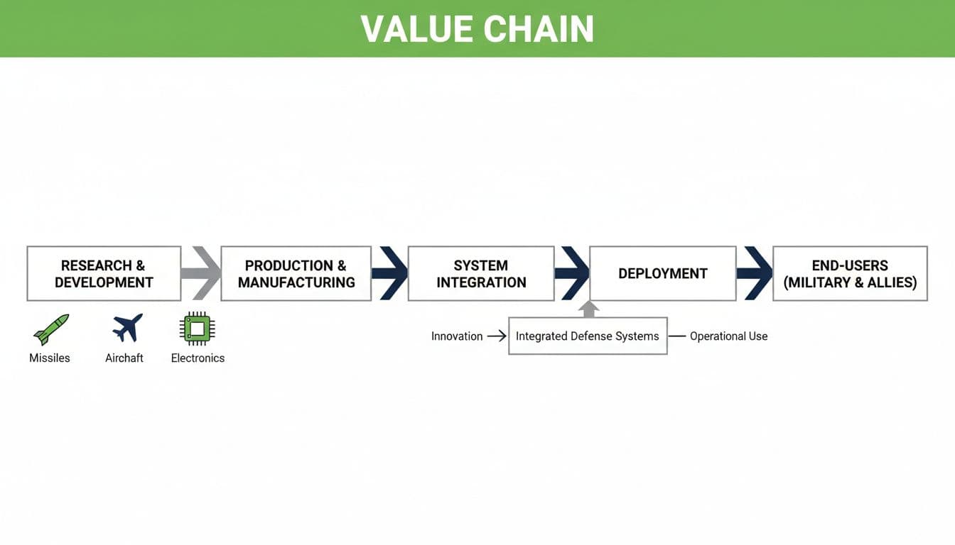 Illustrative image for blog post 'LIG Nex1 (079550.KS) Stock Snapshot for Beginners: Theme, Technicals, and Risks (March 2026)' related to defense contractor value chain diagram 5b8d9c64 Illustrated abstract flowchart depicting the value chain for a defense contractor, with missiles, aircraft, and electronics flowing from R&D through production to end-users, set in a modern office boardroom style on white background with a green header band titled 'Value Chain'.