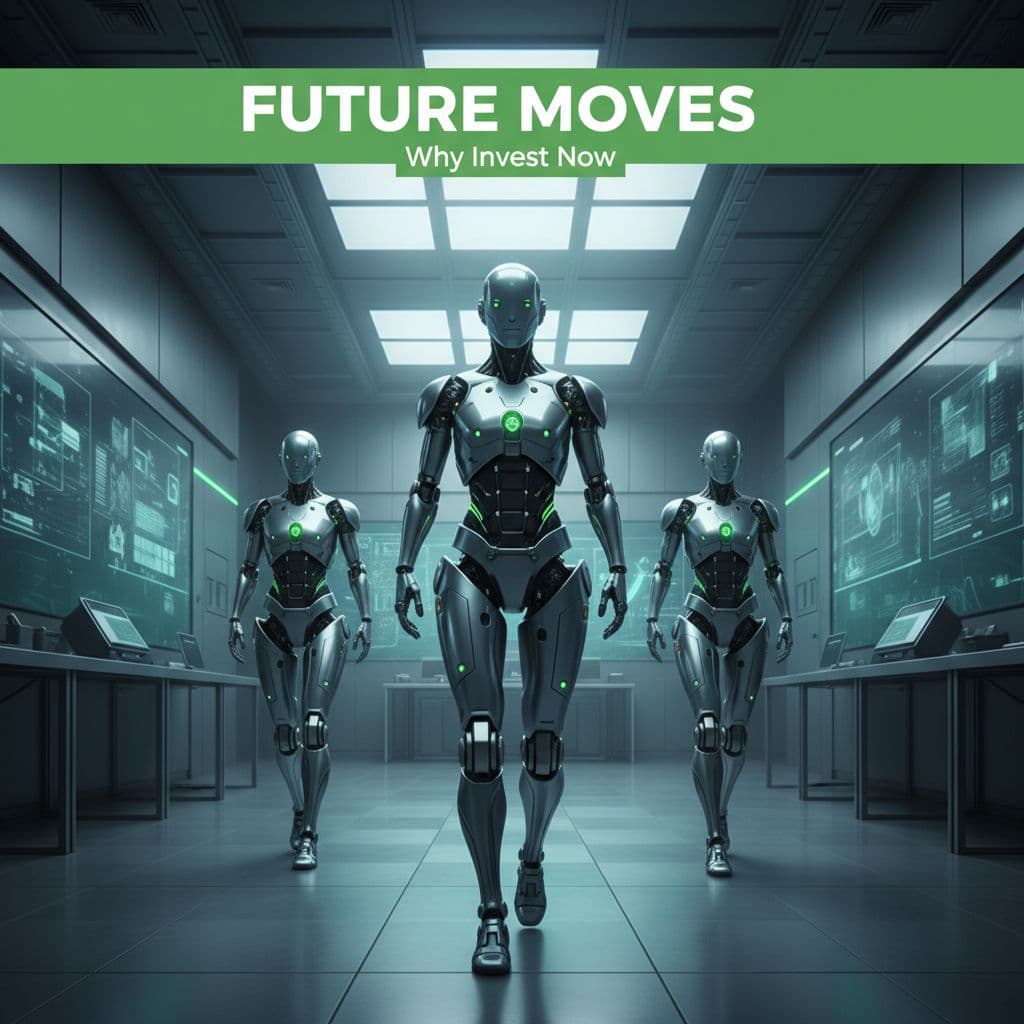 Futuristic humanoid robots walk in formation through a high-tech lab in Seoul, testing mobility with soft volumetric lighting and glowing green joints, evoking innovative research.