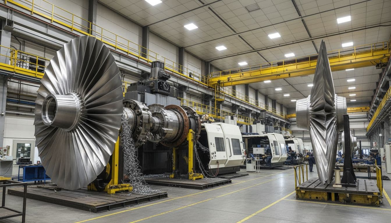 Photorealistic view of a large gas turbine blade manufacturing facility with enormous turbine blades being machined on CNC machines, featuring gleaming metallic surfaces, safety rails, bright even lighting, two blades in foreground with depth of field, and no workers or text visible.
