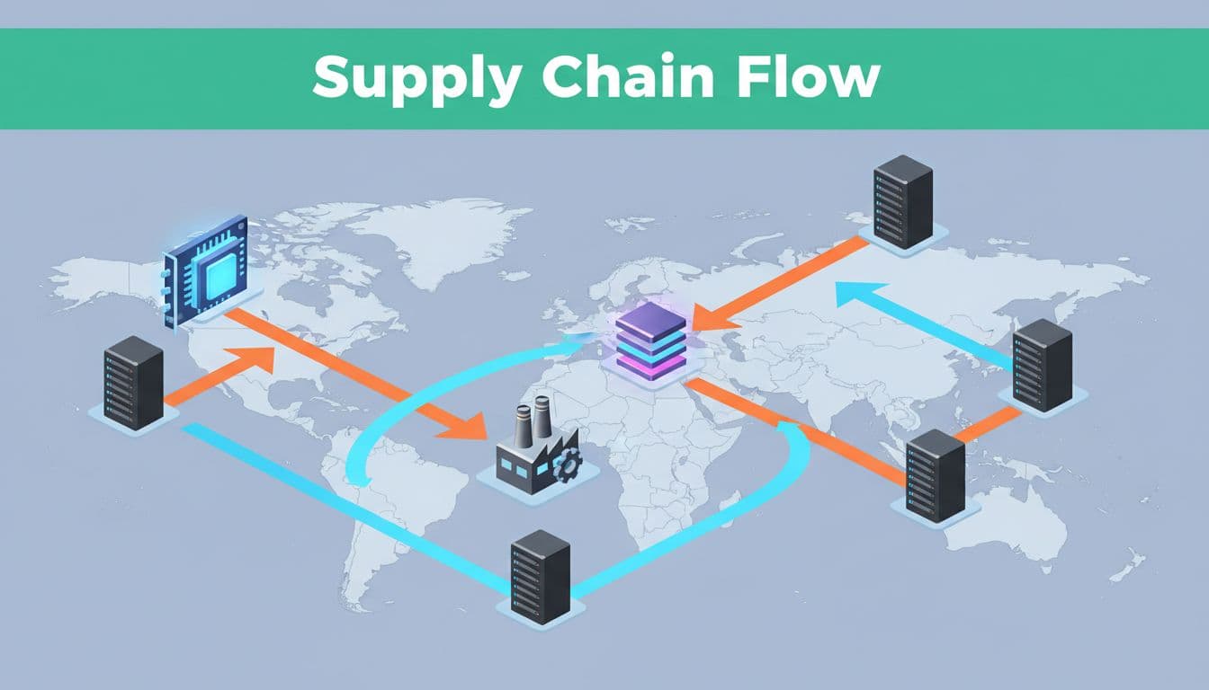 Isometric 3D global AI supply chain map centered on Asia-Pacific, connecting US chip designers to Korean memory makers with arrows for data flow and component supply, featuring GPU, memory stack, and server rack icons on a simple world map background with vibrant colors and dynamic growth lines.