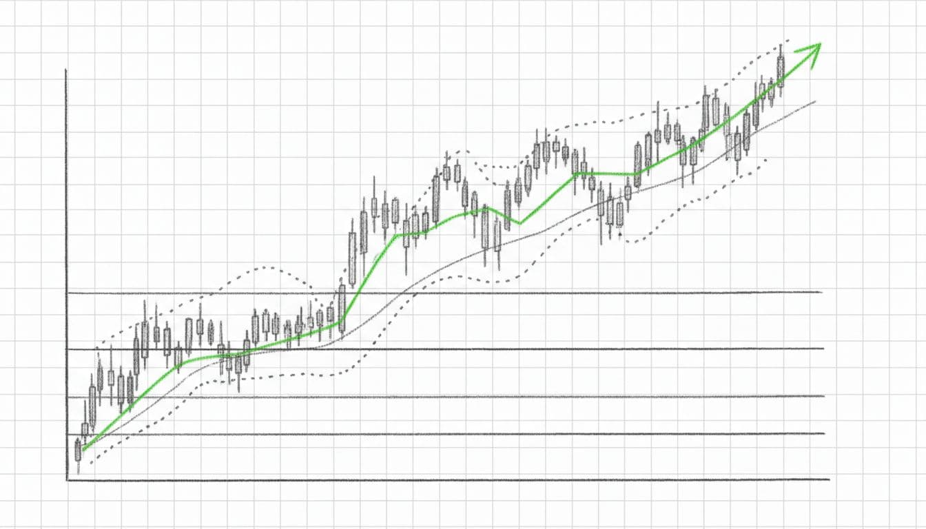 Hand-drawn sketch of a volatile tech stock price chart featuring an upward trend from base to peak, multiple support lines, Korean candlestick style, and moving averages on a simple graph paper background with light shading.