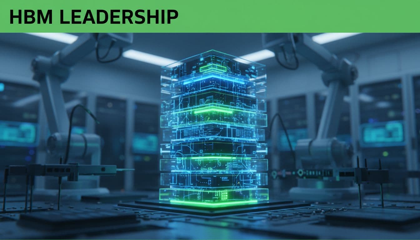 Illustrative image for blog post 'SK Hynix HBM Market Leadership: Why AI Memory Keeps Putting 000660.KS in the Spotlight' related to hbm leadership glowing chip stack cleanroom 6cc11d30 Stack of advanced HBM memory chips glowing with data streams in a high-tech cleanroom lab, dramatic blue lighting with green accents and bold 'HBM Leadership' headline.