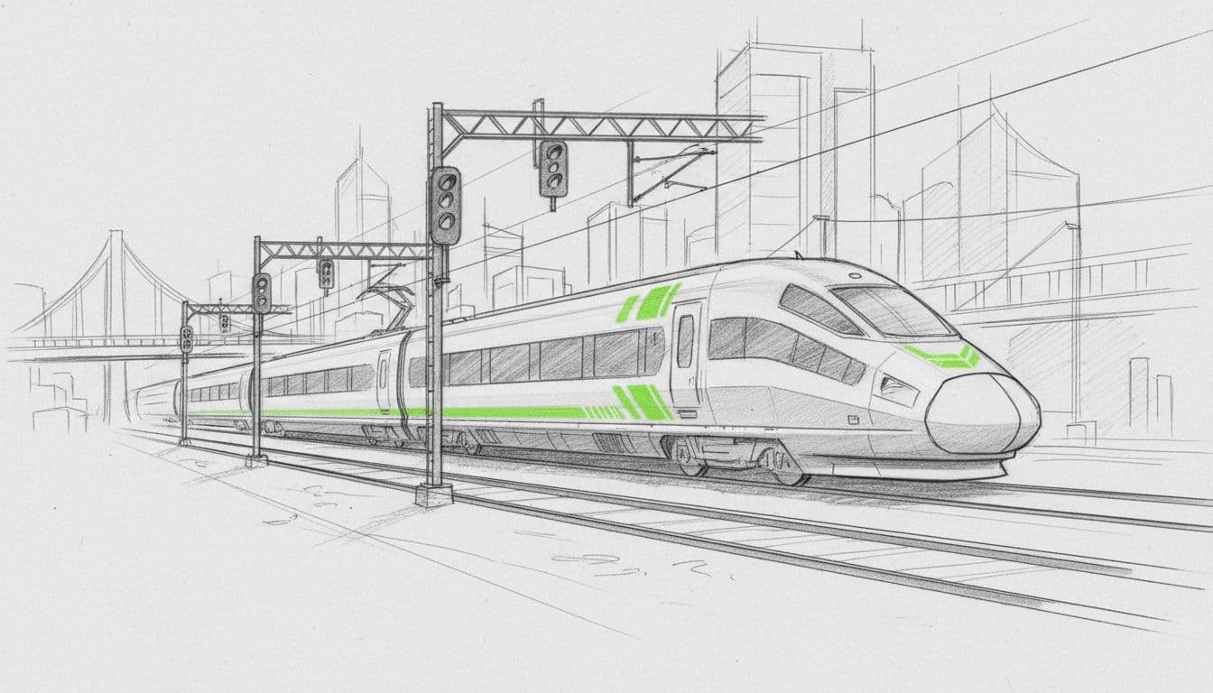 Illustrative image for blog post 'Hyundai Rotem (064350.KS) Stock Snapshot: Backlog Power, Headline Volatility, and a Beginner-Friendly Plan' related to high speed train urban tracks signaling sketch b80faa1e High-speed train on tracks in an urban setting, side view with nearby signaling elements and dynamic composition showing the train's length. Hand-drawn graphite sketch style with light shading, green accents on the train body, and clean light gray paper background.