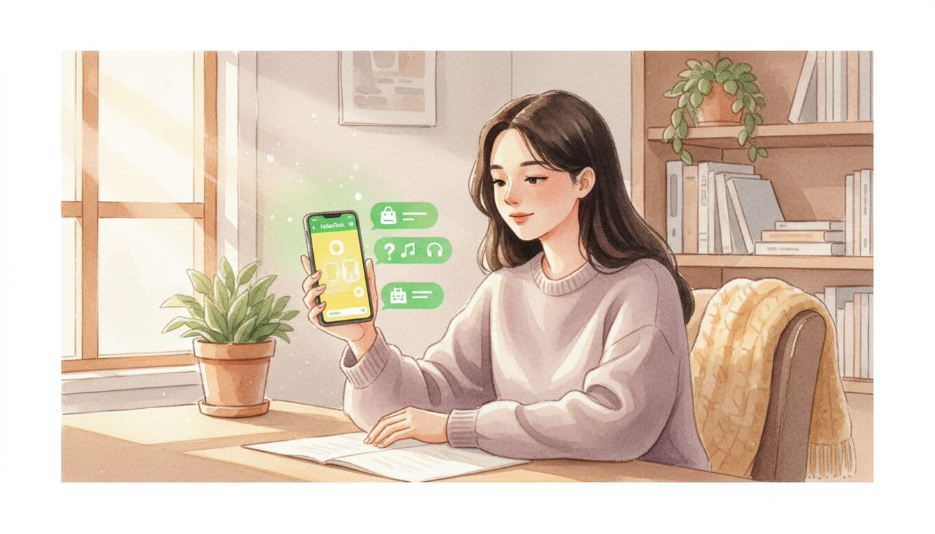 Watercolor illustration of a single person in a cozy home office sitting at a desk, relaxedly holding a smartphone using the KakaoTalk app with AI agent chat bubbles suggesting shopping items, music recommendations, and support queries, featuring soft blending, brush textures, and #22C55E green accents.