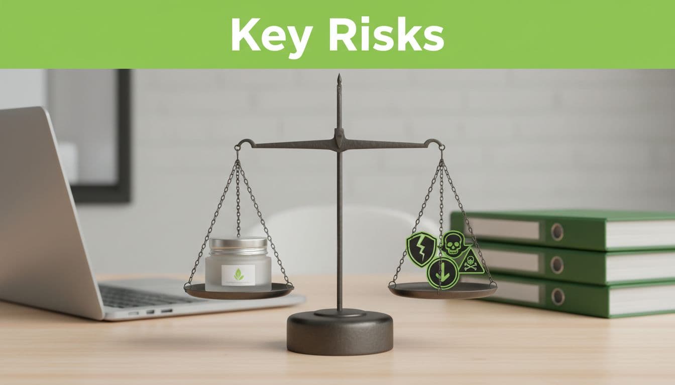 Bold green top band with 'Key Risks' headline above a balanced scale featuring a cosmetics jar on one side and warning icons on the other, in a neutral office desk setting with green accents.