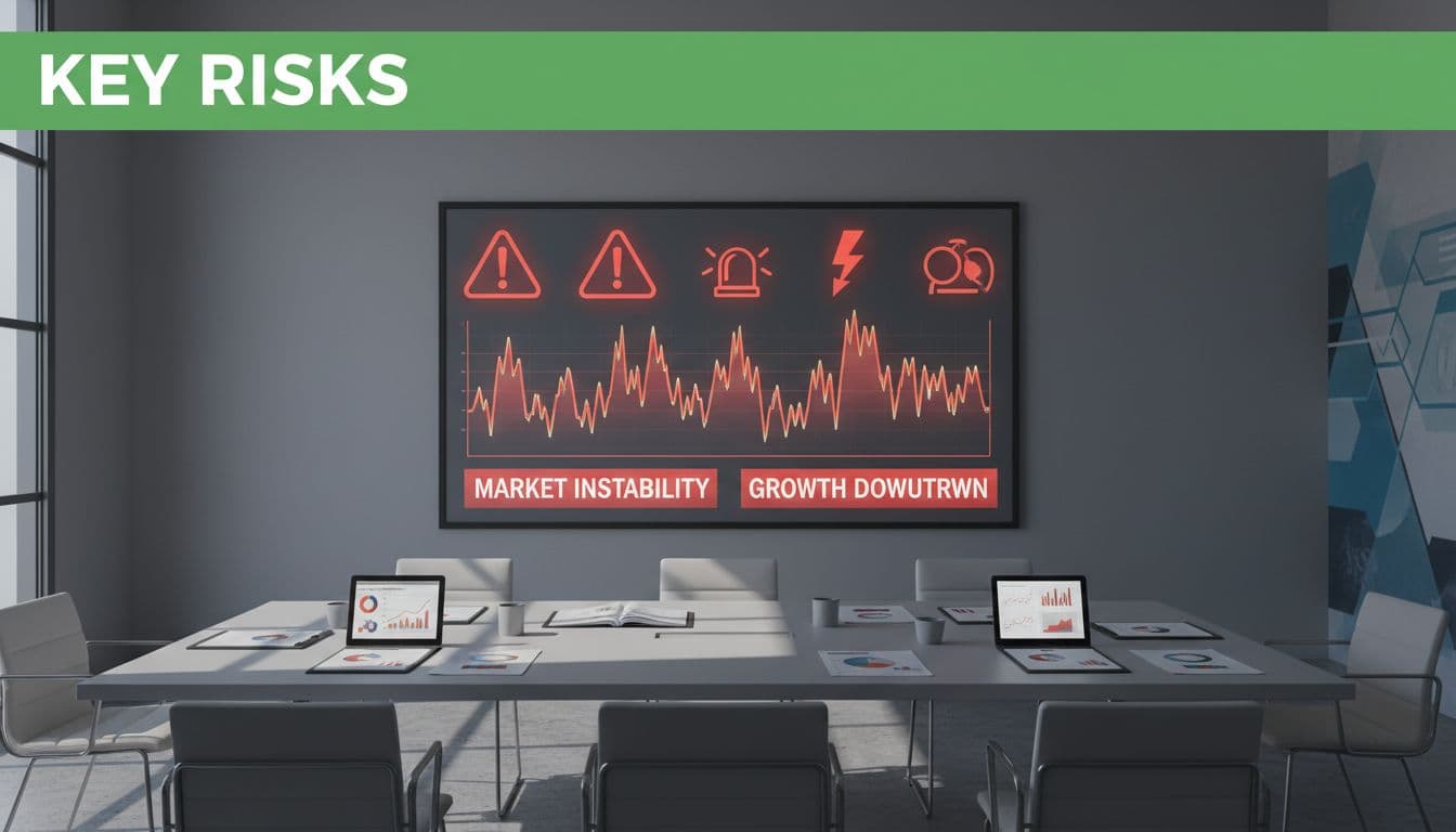 Illustrative image for blog post 'LIG Nex1 (079550.KS) Stock Snapshot for Beginners: Theme, Technicals, and Risks (March 2026)' related to key risks stock volatility warning sign c24e3bb3 Warning sign with red alert icons and stock charts showing volatility spikes in a minimalist conference room with risk documents, dramatic lighting, and a top green band headline 'Key Risks'.