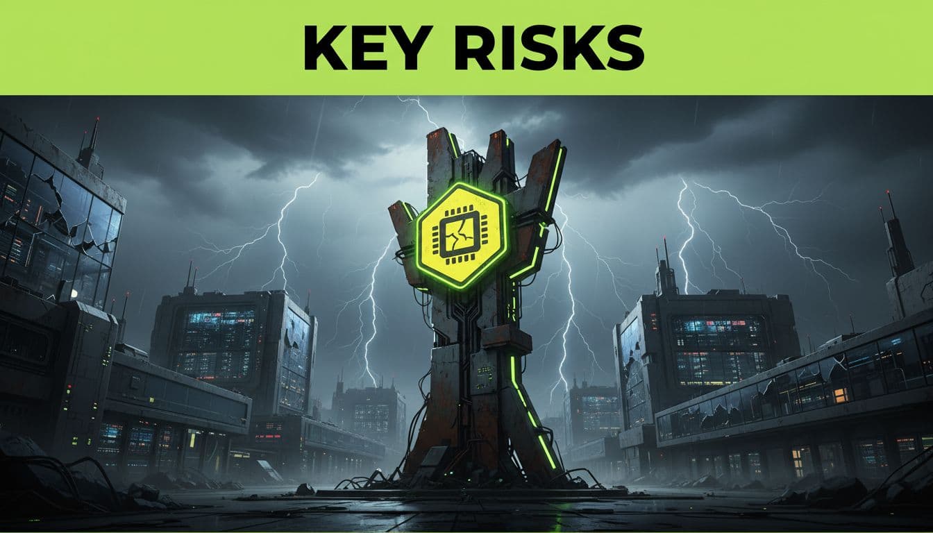 Risk warning signpost in a stormy semiconductor factory landscape with lightning, shadows, and dramatic dark lighting accented by green glow highlights. Bold 'Key Risks' headline in geometric sans-serif on a top green band.