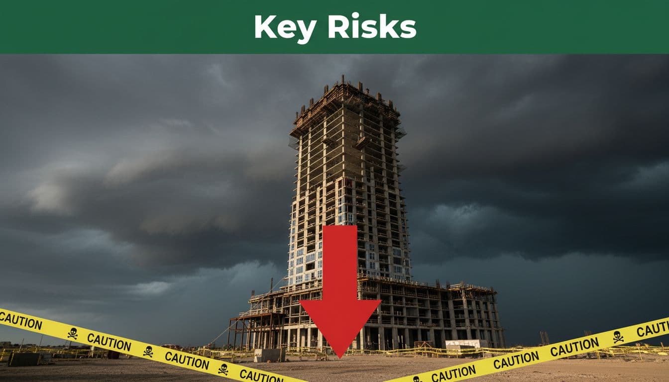 Storm clouds gather ominously over a half-built skyscraper construction site adorned with caution tape and a downward stock arrow overlay, under dramatic side lighting for a tense atmosphere. A top green banner prominently displays 'Key Risks' in bold white text.