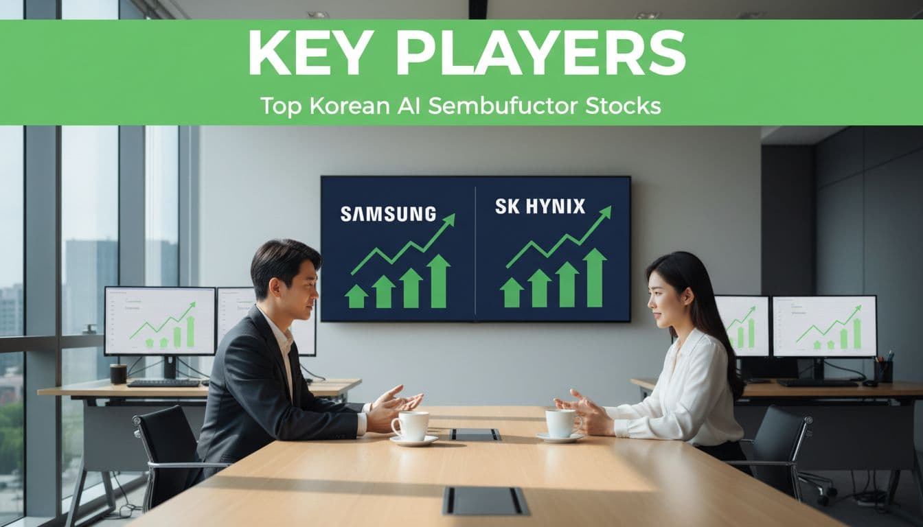 Modern office with two analysts discussing AI chip market trends around a table with coffee, screens showing rising Samsung and SK Hynix stock charts, natural daylight, professional collaboration in clean realistic style with bold 'Key Players' headline in green band.