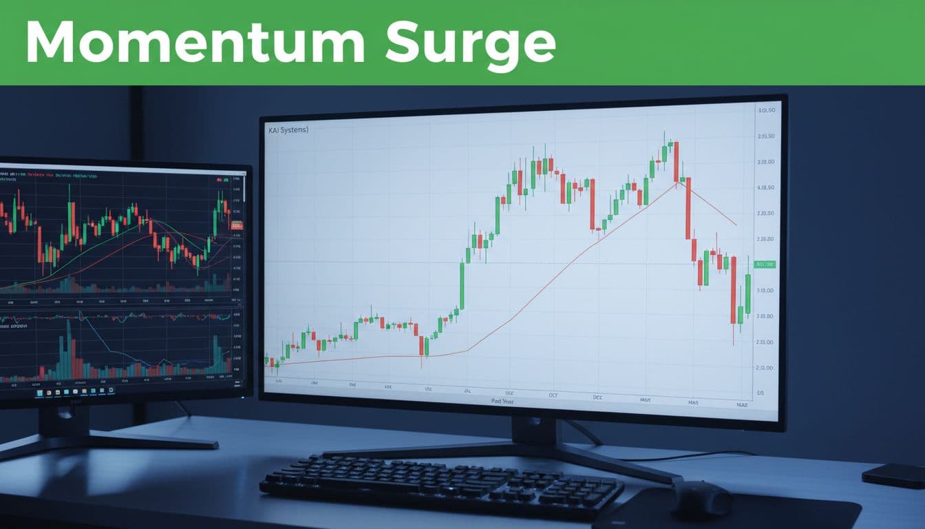 Illustrative image for blog post 'LIG Nex1 (079550.KS) Stock Snapshot for Beginners: Theme, Technicals, and Risks (March 2026)' related to korean defense stock momentum surge chart 91a2e82f A dynamic stock price chart of a Korean defense company showing a sharp rise over the past year followed by a recent pullback, set in a sleek trading desk environment with dual monitors displaying candlestick charts and a bold green headline band.
