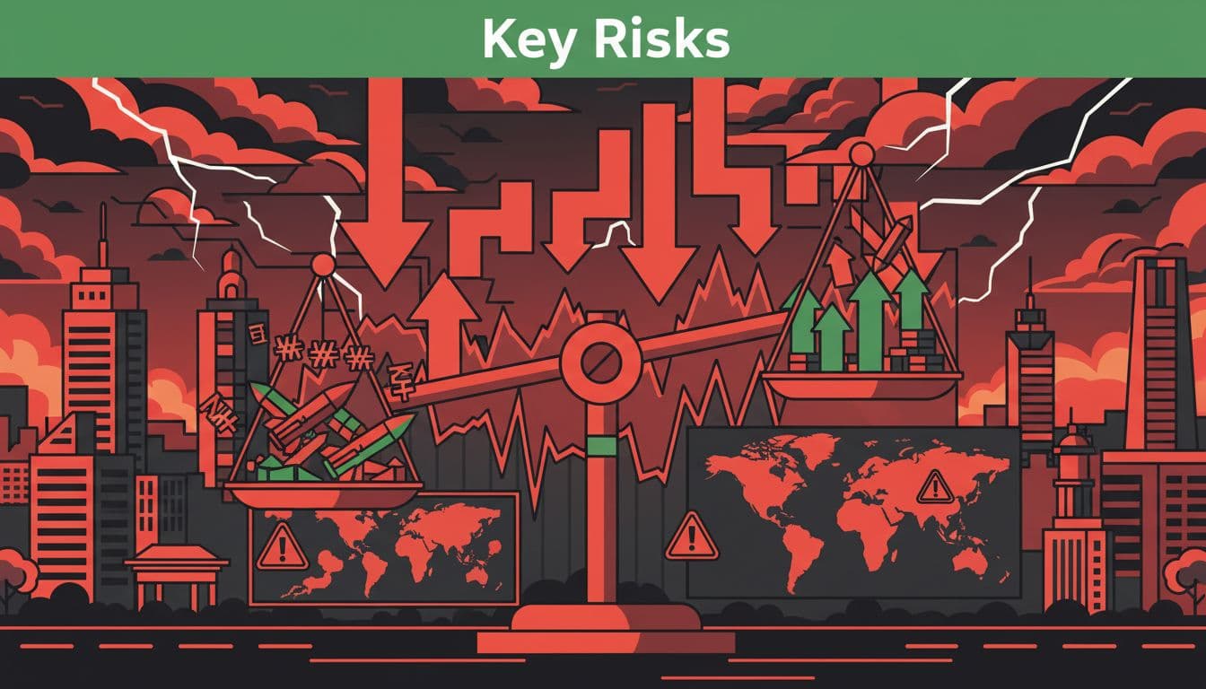 Bold branded editorial illustration of warning signs, volatility charts, and risk icons for Korean defense stocks against a stormy Seoul skyline with red downward arrows and a tipping balanced scale featuring missiles and currency symbols. Dramatic red lighting accented by green tones and a prominent 'Key Risks' headline.