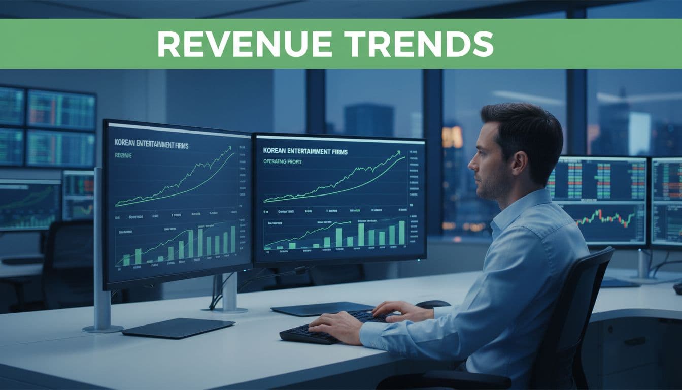 Illustrative image for blog post 'Is the K-pop Era Officially Over, or Are We Watching a Slow Burn?' related to korean entertainment revenue trends stock charts ecd184e5 Stock market scoreboard with rising revenue and profit charts for Korean entertainment firms displayed on dual monitors in a modern trading office, featuring one analyst seated at a desk reviewing data.