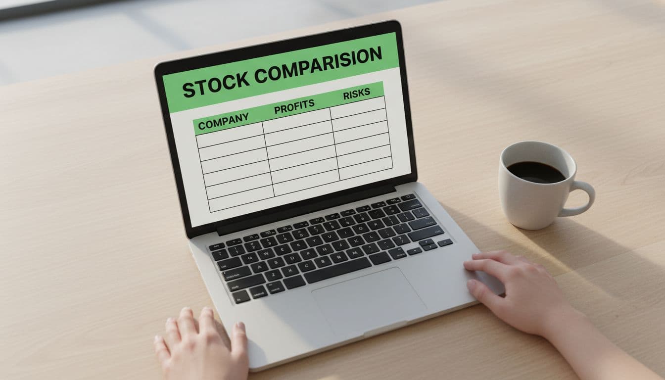 Illustrative image for blog post 'Is the K-pop Era Officially Over, or Are We Watching a Slow Burn?' related to korean entertainment stocks comparison table laptop 5693f98a Photorealistic angled top-down view of a laptop screen displaying a comparison table for Korean entertainment stocks with columns for company tickers, profits, and risks, set in a minimalist workspace with a coffee mug nearby and two hands resting beside, featuring a bold green 'Stock Comparison' headline band.