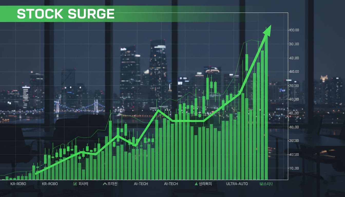 Close-up stock charts of Korean robotics companies rising sharply on a digital trading screen with green candlesticks and volume bars, in a modern office overlooking the Korean skyline, highlighted by dynamic green trends and 'STOCK SURGE' headline.