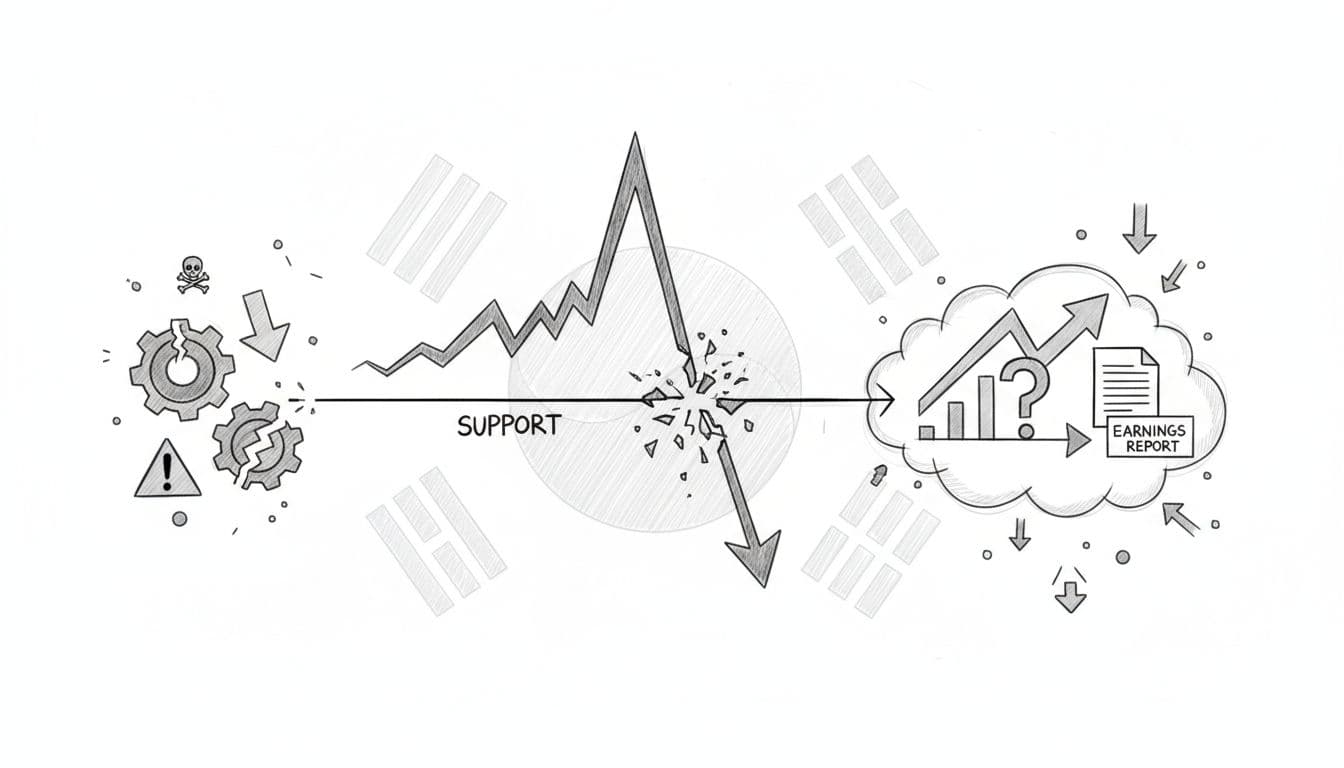 Hand-drawn graphite sketch of stock market risks featuring a wavy volatility line breaking support, earnings report with question mark, subtle Korean flag background, and warning symbols in a dramatic centered landscape composition on clean white background.